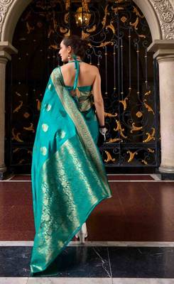 turquoise satin zari woven saree with unstitched blouse piece 2