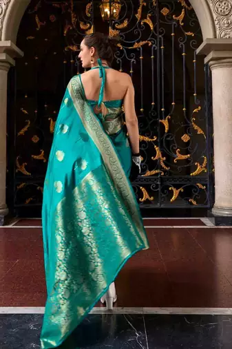 turquoise satin zari woven saree with unstitched blouse piece