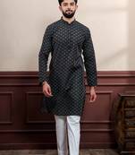 Black blended cotton fabric wevon dobby designer men's kurta payjama