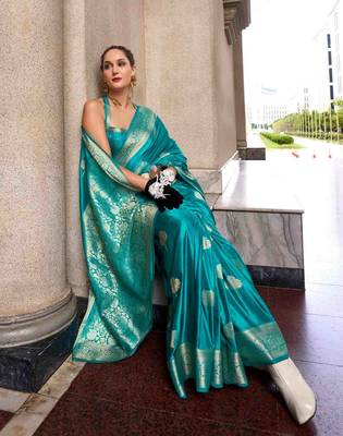turquoise satin zari woven saree with unstitched blouse piece 3
