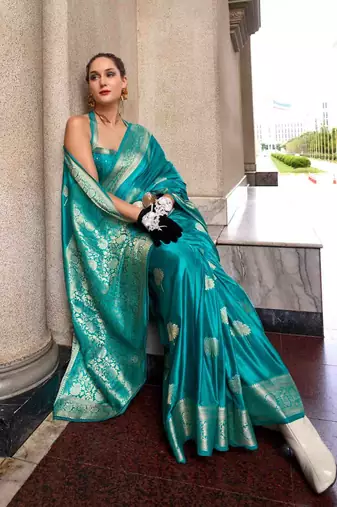 turquoise satin zari woven saree with unstitched blouse piece