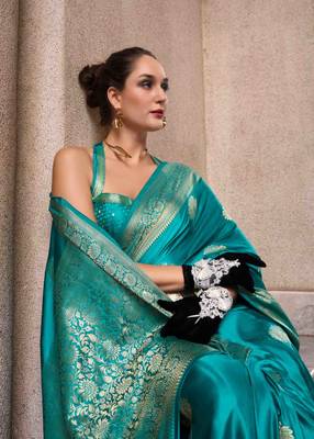 turquoise satin zari woven saree with unstitched blouse piece 4