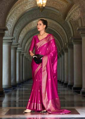 magenta satin zari woven saree with unstitched blouse piece 1