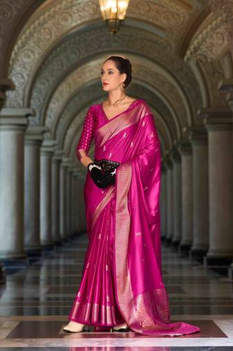 magenta satin zari woven saree with unstitched blouse piece