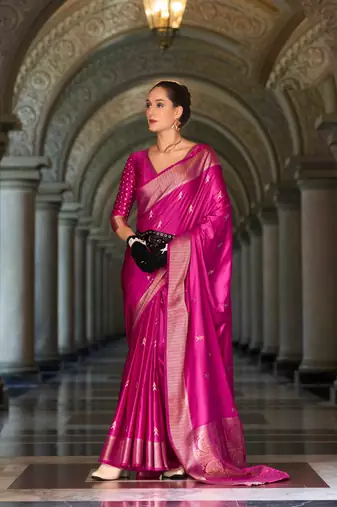 magenta satin zari woven saree with unstitched blouse piece