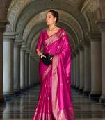 magenta satin zari woven saree with unstitched blouse piece