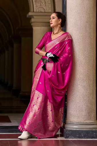 magenta satin zari woven saree with unstitched blouse piece