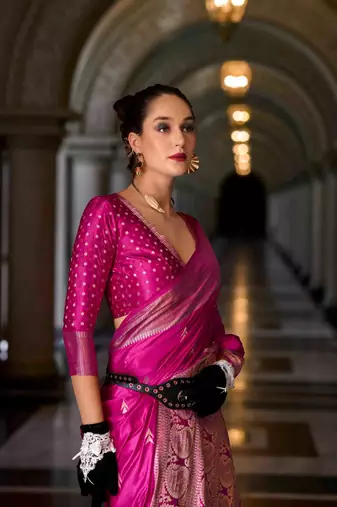magenta satin zari woven saree with unstitched blouse piece
