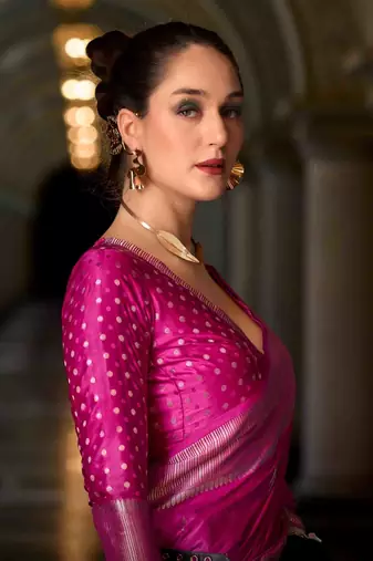 magenta satin zari woven saree with unstitched blouse piece