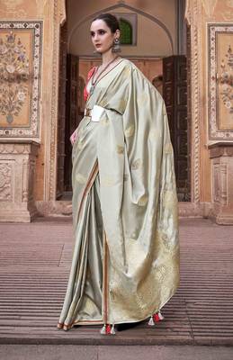 mint satin zari woven saree with unstitched blouse piece 1