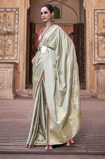 mint satin zari woven saree with unstitched blouse piece