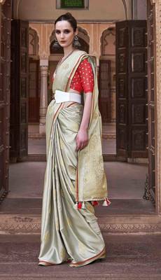 mint satin zari woven saree with unstitched blouse piece 2