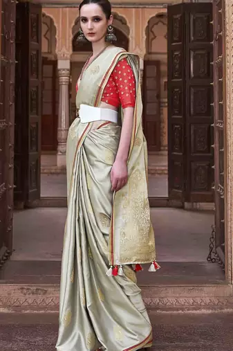 mint satin zari woven saree with unstitched blouse piece