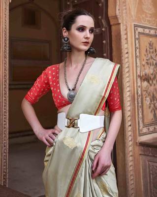 mint satin zari woven saree with unstitched blouse piece 3