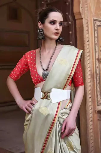 mint satin zari woven saree with unstitched blouse piece