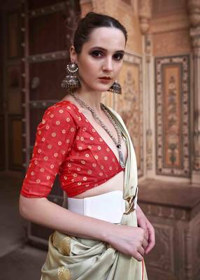 mint satin zari woven saree with unstitched blouse piece 4
