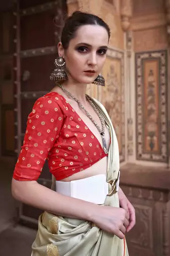 mint satin zari woven saree with unstitched blouse piece