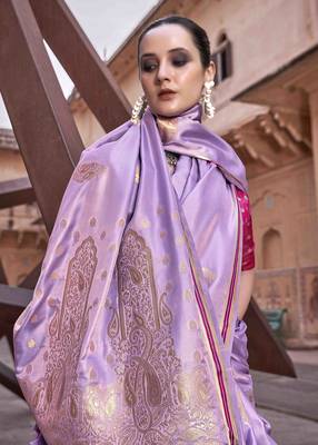 lavender satin zari woven saree with unstitched blouse piece 2