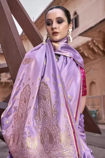 lavender satin zari woven saree with unstitched blouse piece