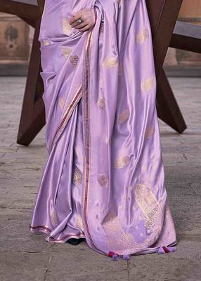 lavender satin zari woven saree with unstitched blouse piece 3