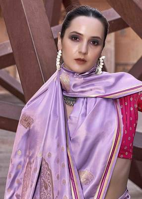 lavender satin zari woven saree with unstitched blouse piece 4