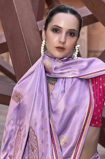 lavender satin zari woven saree with unstitched blouse piece