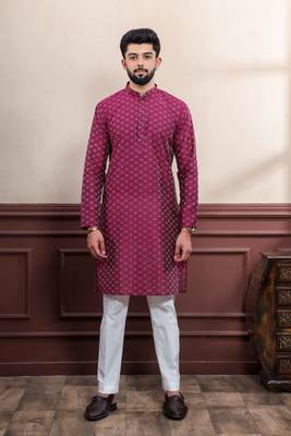 Purple blended cotton fabric wevon dobby men's kurta payjama 1
