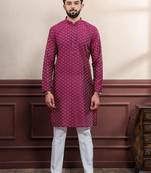 Purple blended cotton fabric wevon dobby designer men's kurta payjama