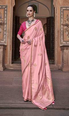 pink satin zari woven saree with unstitched blouse piece 1