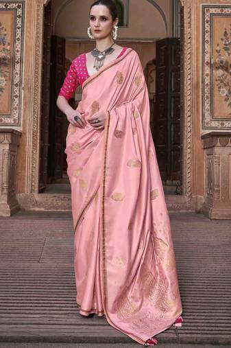 pink satin zari woven saree with unstitched blouse piece