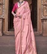 pink satin zari woven saree with unstitched blouse piece