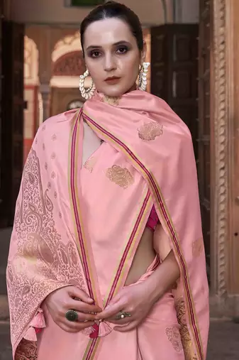 pink satin zari woven saree with unstitched blouse piece