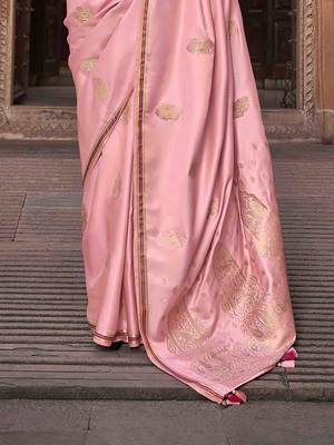pink satin zari woven saree with unstitched blouse piece 3