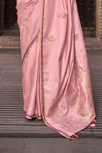 pink satin zari woven saree with unstitched blouse piece