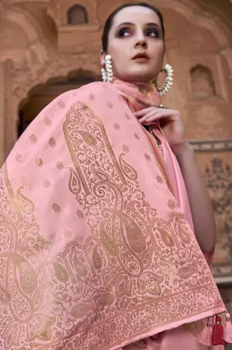 pink satin zari woven saree with unstitched blouse piece