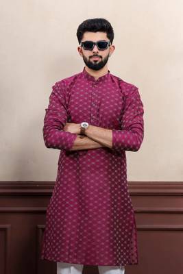 Purple blended cotton fabric wevon dobby men's kurta payjama 3