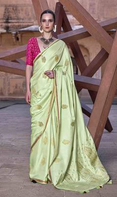pista satin zari woven saree with unstitched blouse piece 1