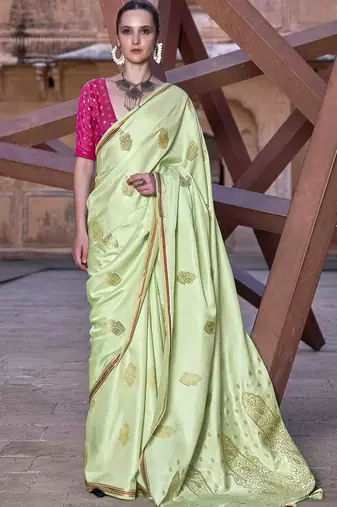 pista satin zari woven saree with unstitched blouse piece
