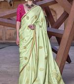 pista satin zari woven saree with unstitched blouse piece