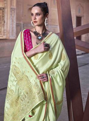 pista satin zari woven saree with unstitched blouse piece 2
