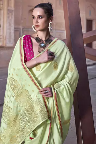 pista satin zari woven saree with unstitched blouse piece