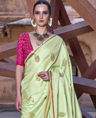 pista satin zari woven saree with unstitched blouse piece 4