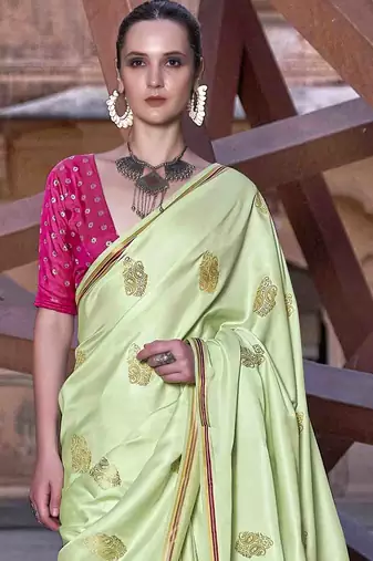 pista satin zari woven saree with unstitched blouse piece