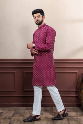 Purple blended cotton fabric wevon dobby men's kurta payjama 4