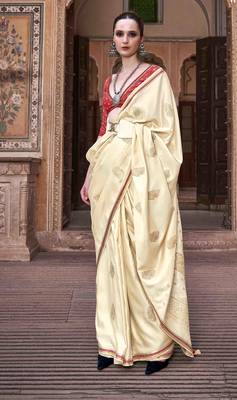 beige satin zari woven saree with unstitched blouse piece 1