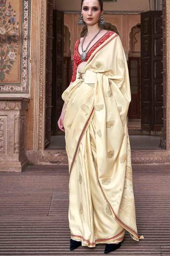 beige satin zari woven saree with unstitched blouse piece