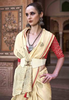 beige satin zari woven saree with unstitched blouse piece 2