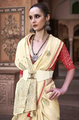 beige satin zari woven saree with unstitched blouse piece