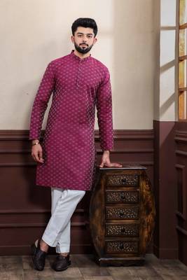 Purple blended cotton fabric wevon dobby men's kurta payjama 5