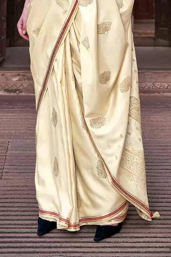 beige satin zari woven saree with unstitched blouse piece